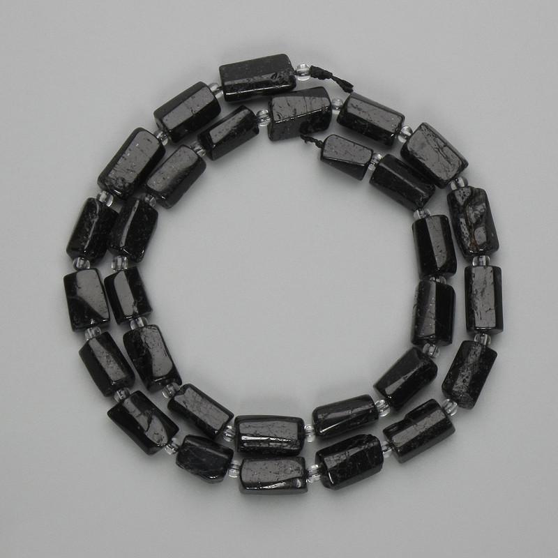 Black Tourmaline Beads Cut natural stone 11-12×6-7, 5mm+- seed beads 3mm+-, thread length 40cm+-