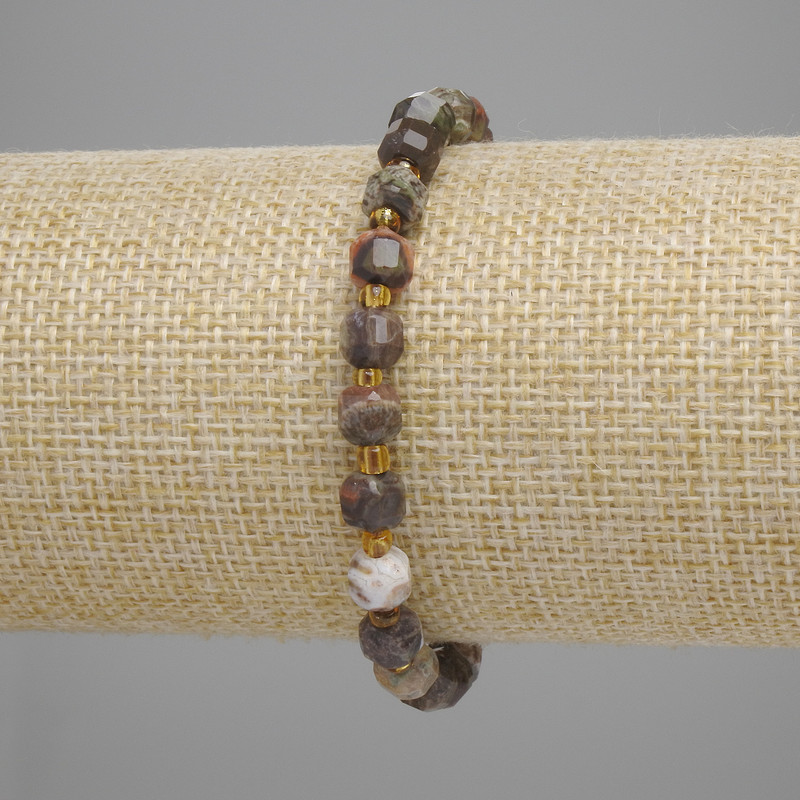 Bracelet Landscape Jasper Faceted Cube 6x6mm+ Beads 3mm+-, length 18cm+-, stretch