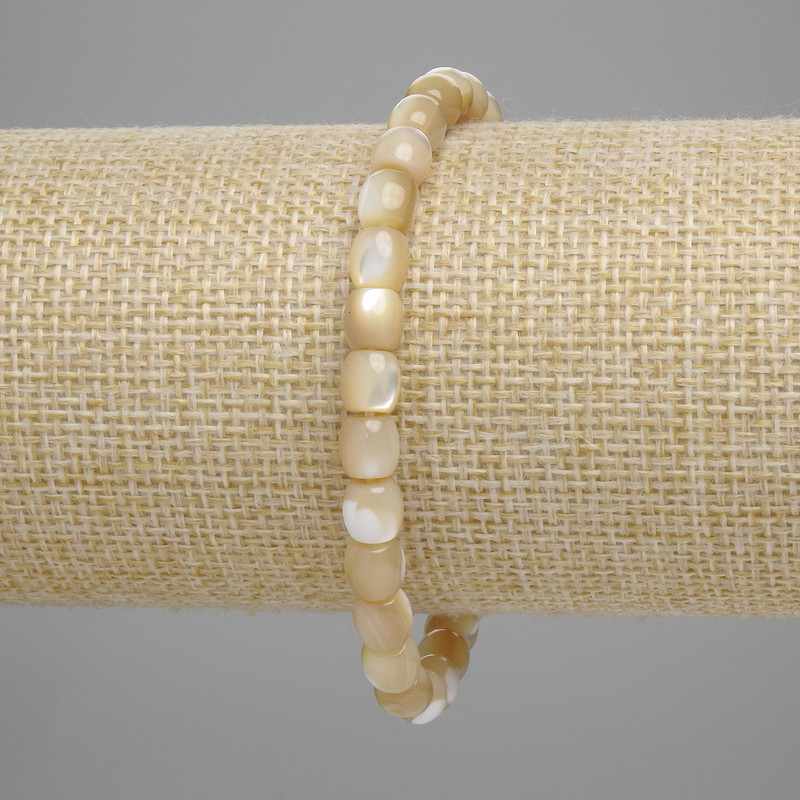 Bracelet, Beige Mother-of-P Pearl Barrels, diameter 6x6mm±, length 18cm±, stretch
