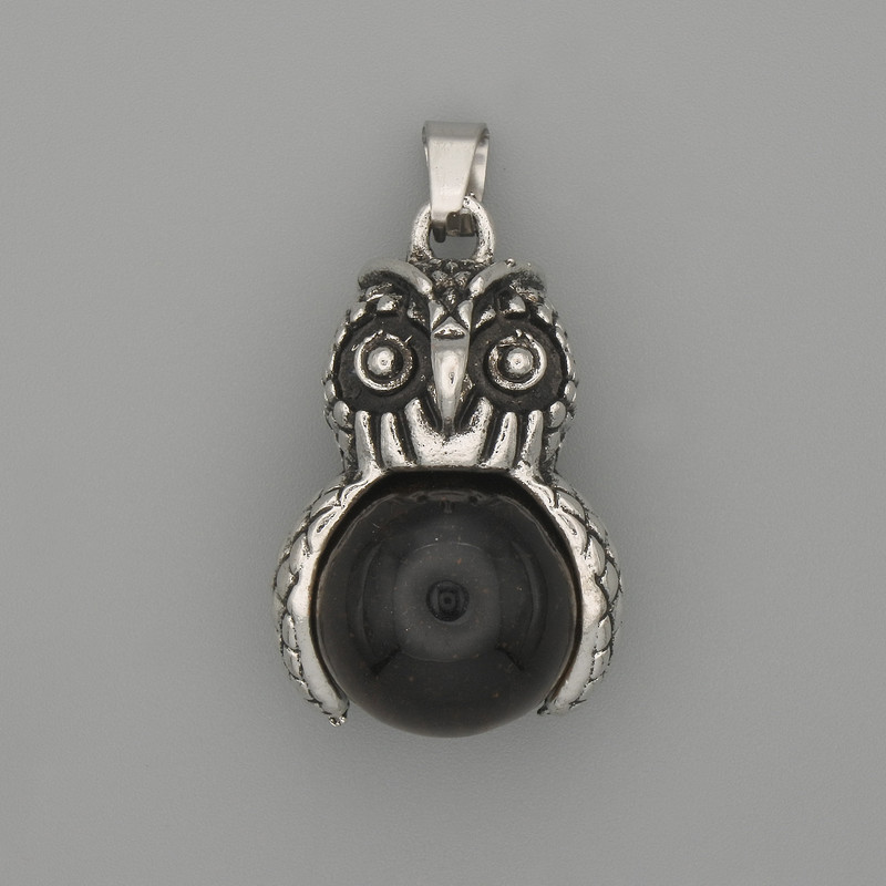 Pendant Owl Black Agate Silver Metal, diameter 30×20mm±, length 37mm±