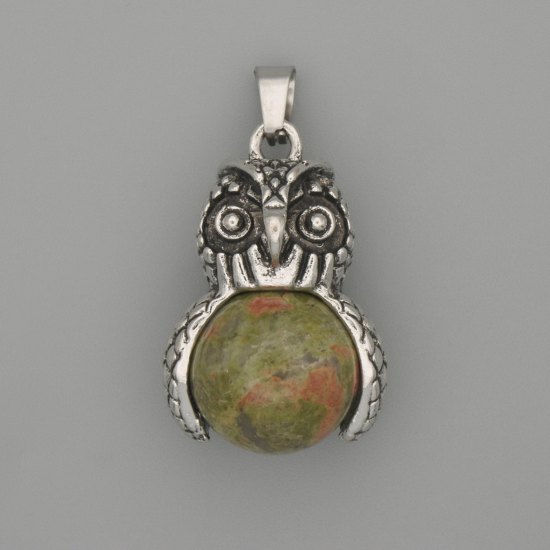 Pendant Owl with Heliodor, Silvery Metal, diameter 30x20 mm±, length 37 mm±