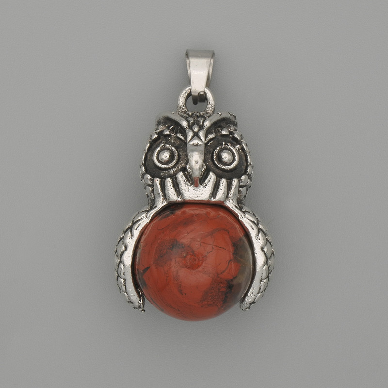 Pendant Owl Red Jasper Silver Metal, diameter 30x20mm±, length 37mm±