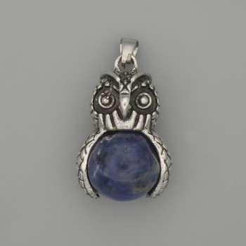 Owl Pendant Sodalite in Silvery Metal, diameter 30×20mm, length 37mm