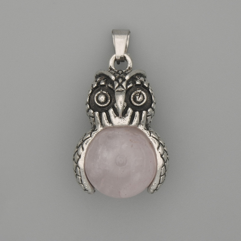 Pendant Owl Pink Quartz Silver Metal, diameter 30x20mm±, length 37mm±