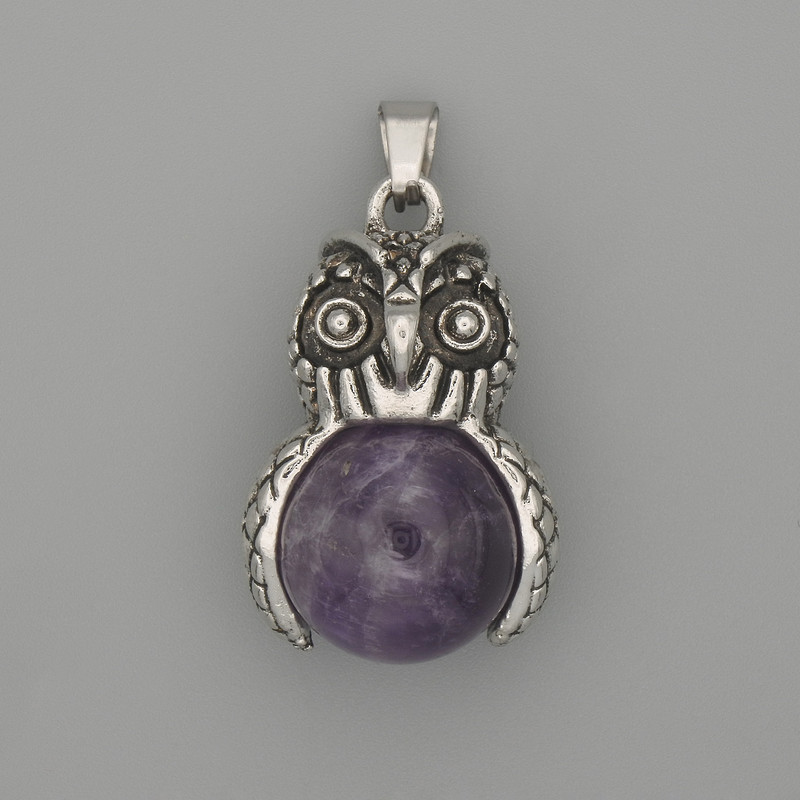 Pendant Owl Amethyst Silvery Metal, diameter 30x20mm±, length 37mm±
