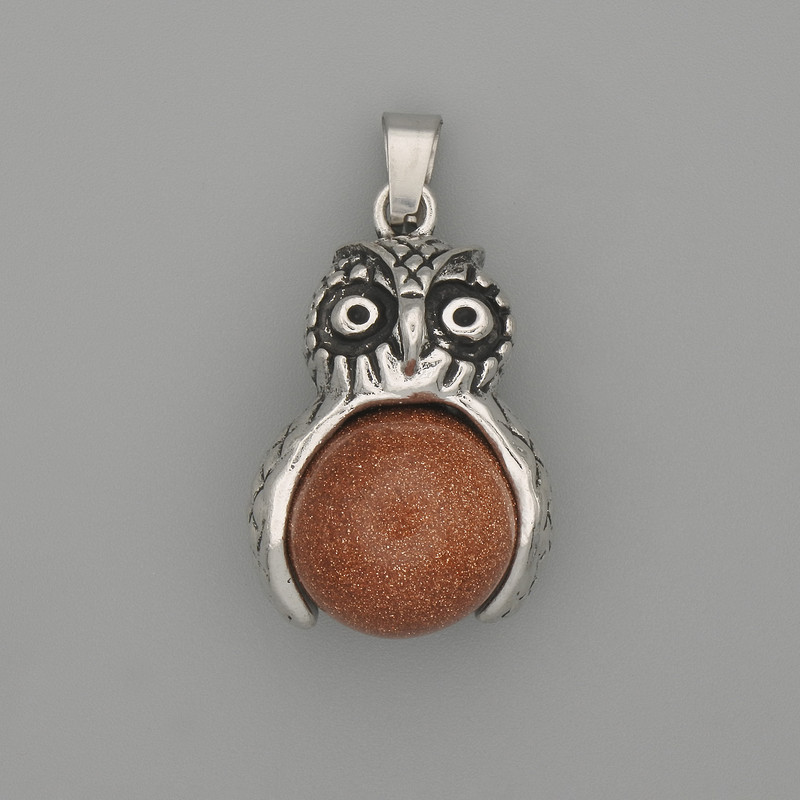 Pendant Owl Aventurine Gold Sand Silver Metal, diameter 30×20 mm±, length 37 mm±