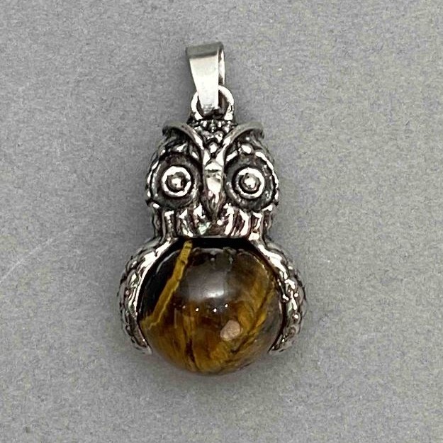 Pendant Owl Tiger's Eye, Silver Metal, 30x20mm approx., length 37mm approx.