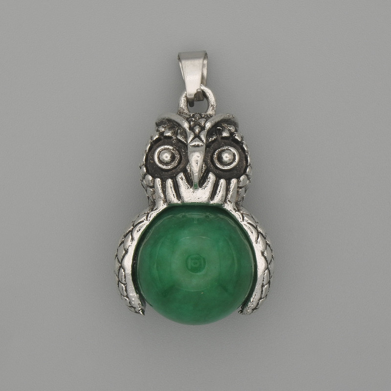 Pendant Owl Chrysoprase Silver-Tone Metal, 30×20mm ±, length 37mm ±