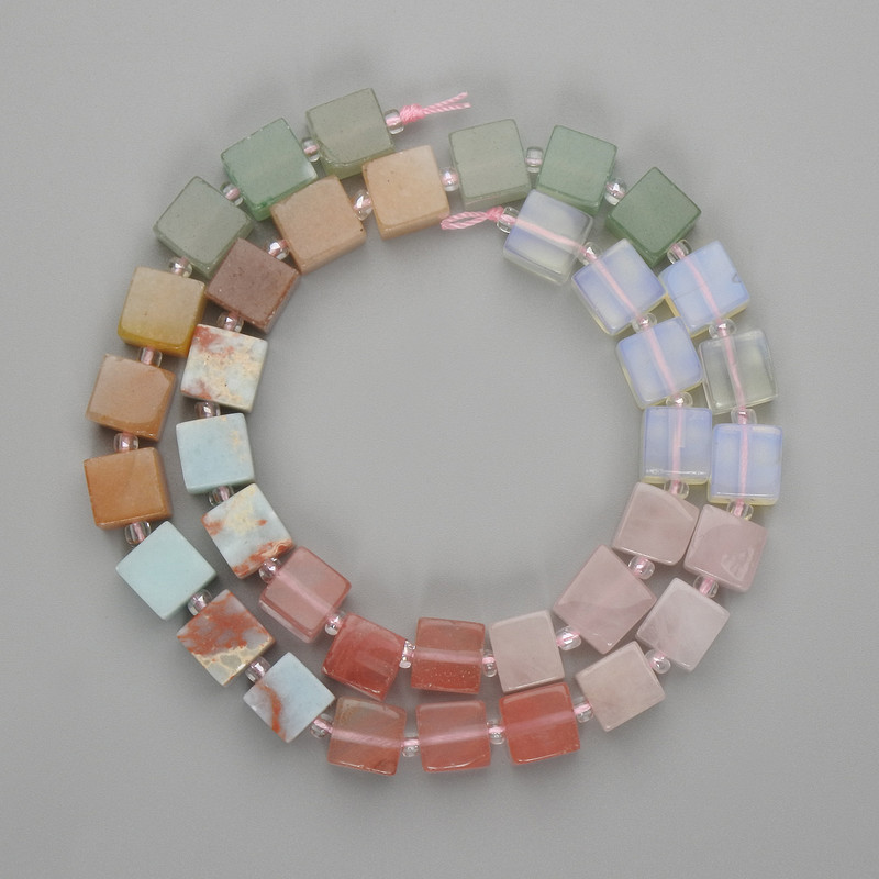 Assorted Beads of Chalcedony, Opalite, and Pink Quartz Cubic Beads 8×8mm±, 3mm± Seed Beads, 38cm± on Thread
