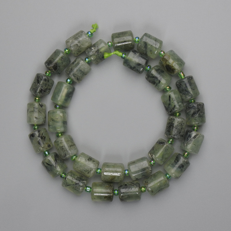 Clearance! Prehnite Beads Cylinder 10-11×9 mm ±, seed beads 3 mm ±, length 40 cm ±