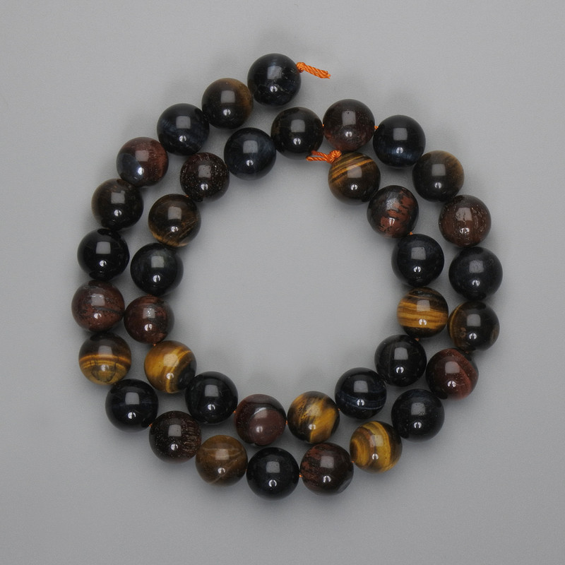 Tiger's Eye, Hawk's Eye, and Bull's Eye Beads smooth round 10mm, length 38cm