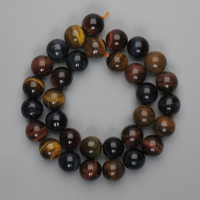 Beads of Bullseye, Tiger’s Eye, Hawk’s Eye - smooth round beads 12mm, length 39cm