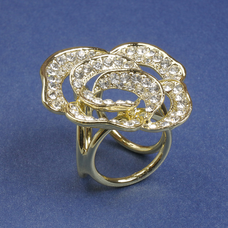 Brooch clip for scarves and shawls with white rhinestones flower 33mm+- golden metal clip, diameter 22mm+