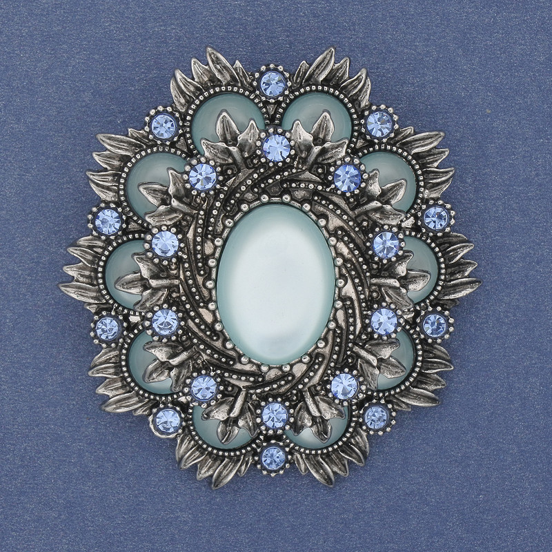Brooch Pendant Accent Cat's Eye Blue Crystals Silver Metal 54x47mm+