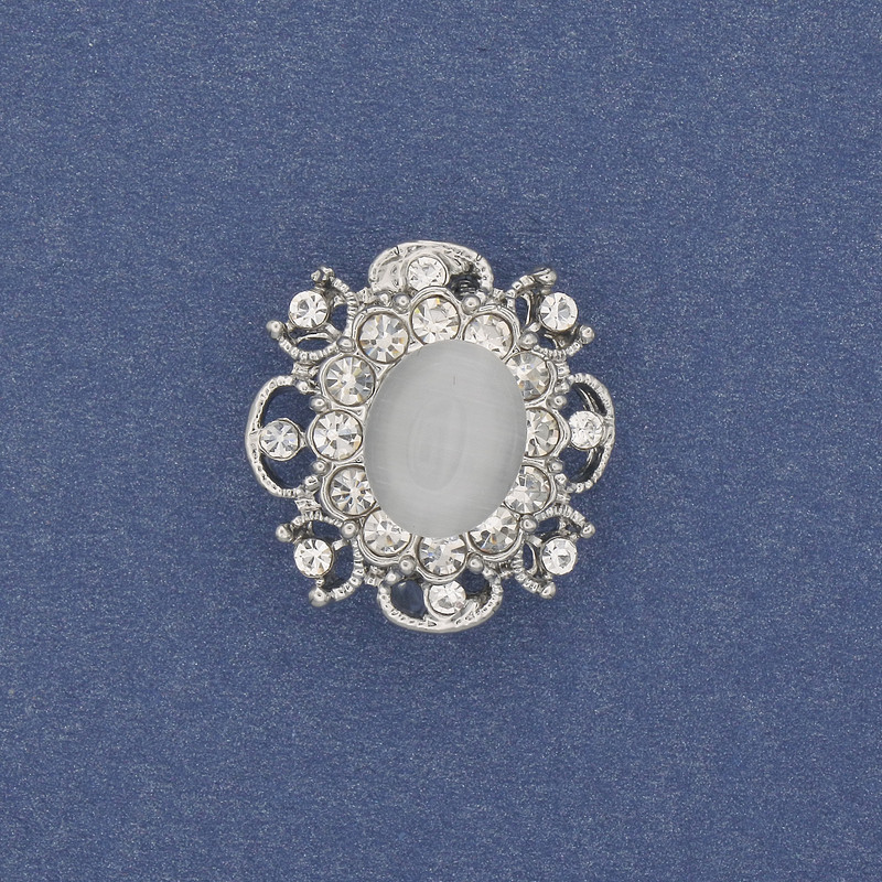 Brooch Accent Cat's Eye with White Rhinestones Silvery Metal 22×19mm+