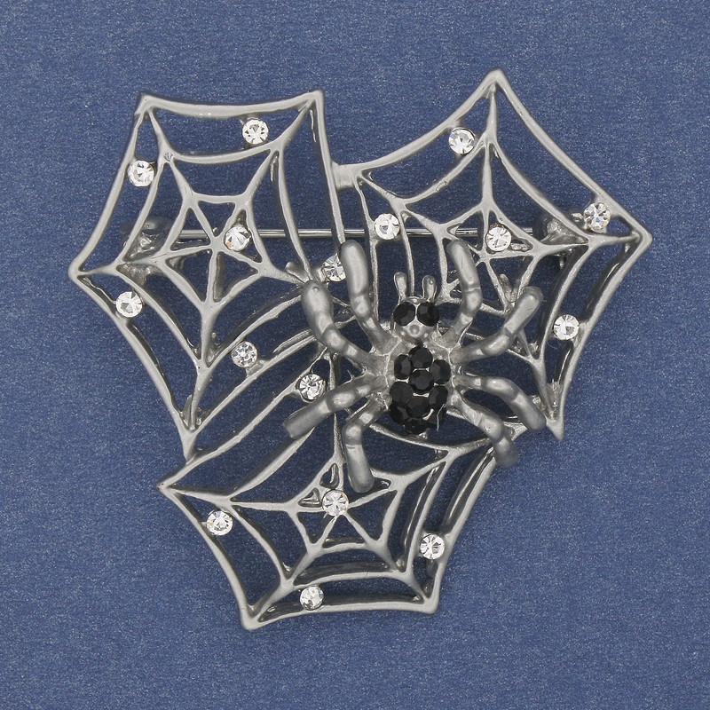 Spider Brooch on Web with White and Black Rhinestones Silver Metal 43x43mm+