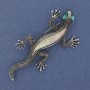 Brooch Lizard with Mother-of-Pearl and Green Crystals, Silver Metal 34x67mm