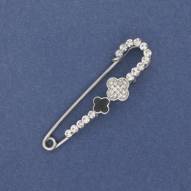Brooch Pin with Clover White Rhinestones 58x15mm+- Silver Metal
