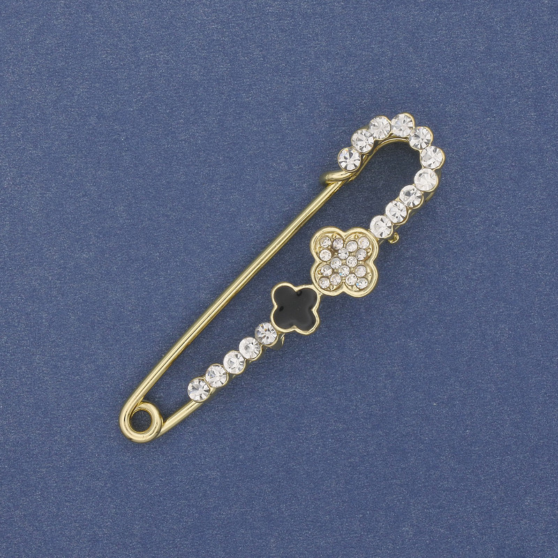 Brooch Pin with Clover, White Crystals, 58×15 mm ±, Gold-Tone Metal