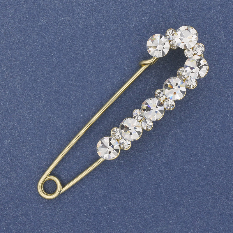 Brooch Pin with White Rhinestones 79×20mm± Gold-Tone Metal