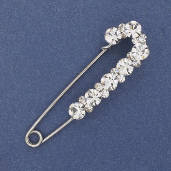Brooch Clip with White Rhinestones 79x20mm± Silver Metal