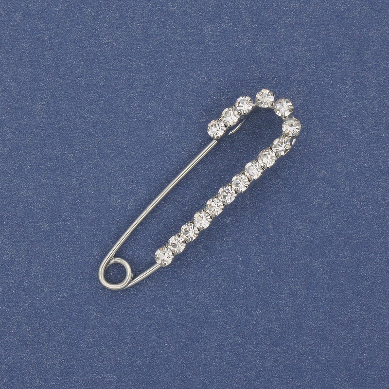 Brooch pin with white rhinestones 36x10mm± silver metal