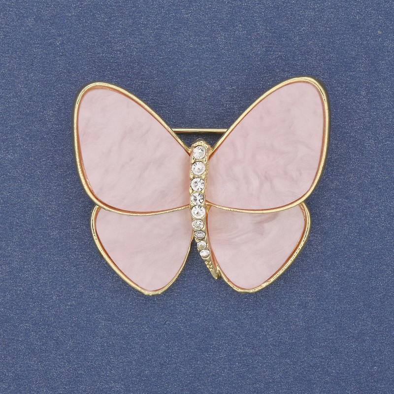Brooch Butterfly pink pearlized gold-tone metal 26×29mm+