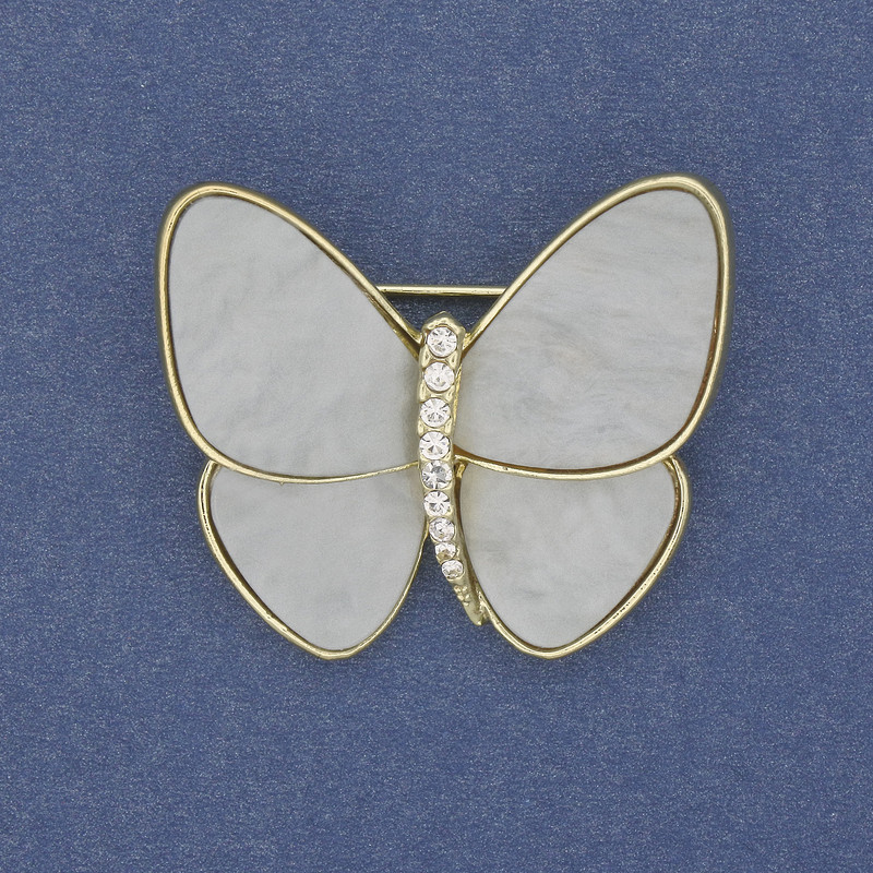 Brooch Butterfly light gray Pearlized gold-tone metal 26x29mm+