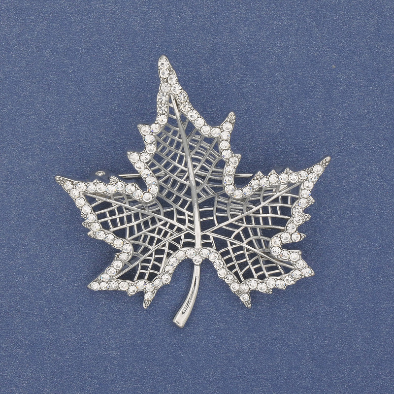 Brooch Cloven Leaf with White Crystals Silver-Toned Metal 45×44mm+