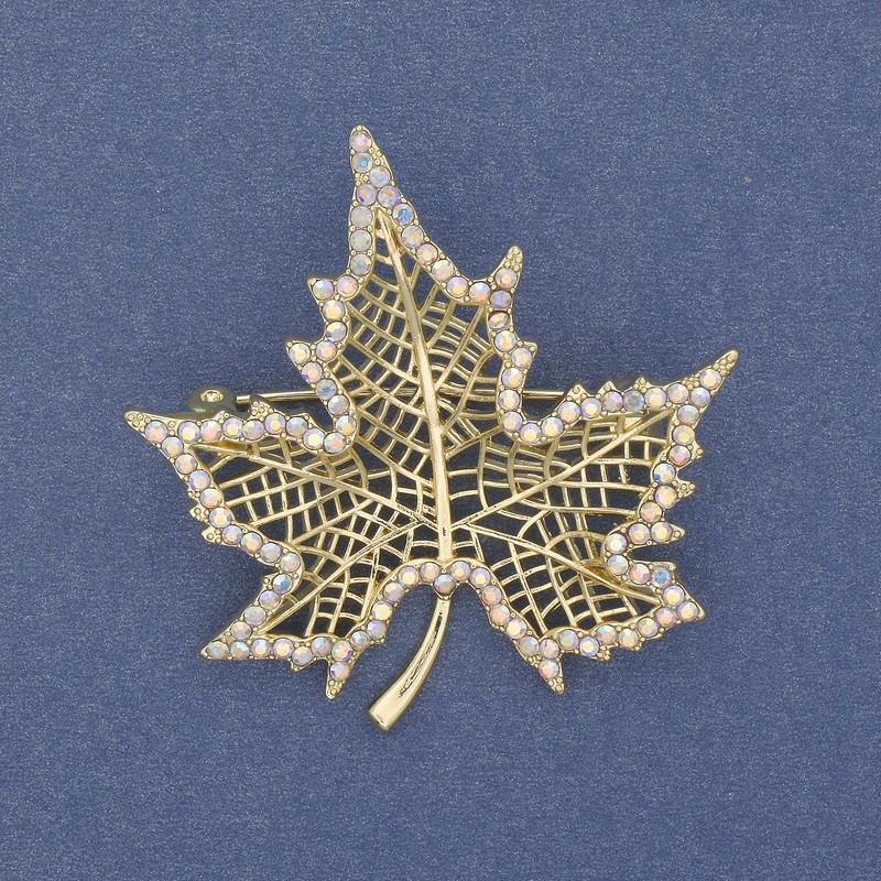 Brooch Clip Leaf Claw with Rainbow Rhinestones on Gold-Toned Metal 45x44mm+