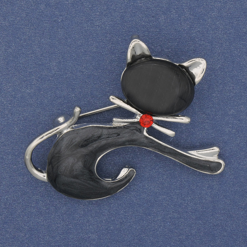 Brooch Pendant Cat with Cat's Eye Gray Cat's Eye Stone Golden Metal 40x31mm+