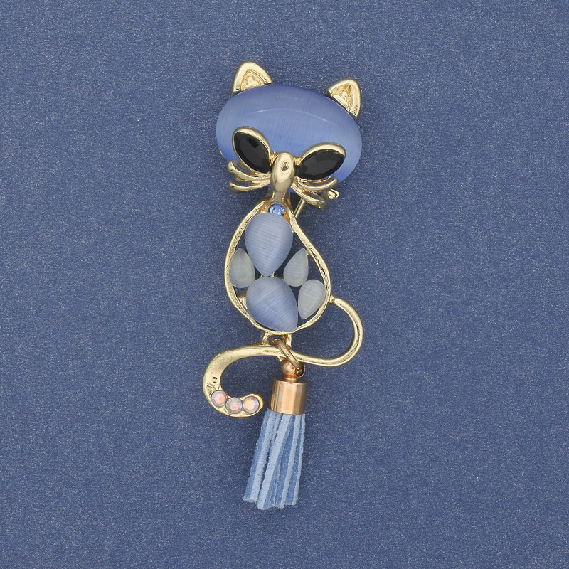 Brooch Pendant: Cat with Stone Cat's Eye Blue Cat's Eye Brown-Gold Metal 43×17mm+