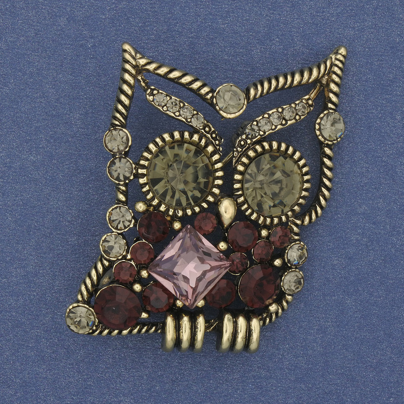  Brooch Owl with Rhinestones Bronze Color, 40x30mm diameter+