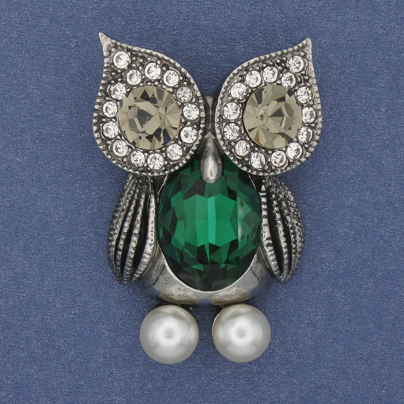 Brooch Owl with Green Crystal White Rhinestones Silver Metal, diameter 42x29mm+
