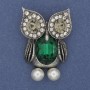 Brooch Owl with Green Crystal White Rhinestones Silver Metal, diameter 42x29mm+