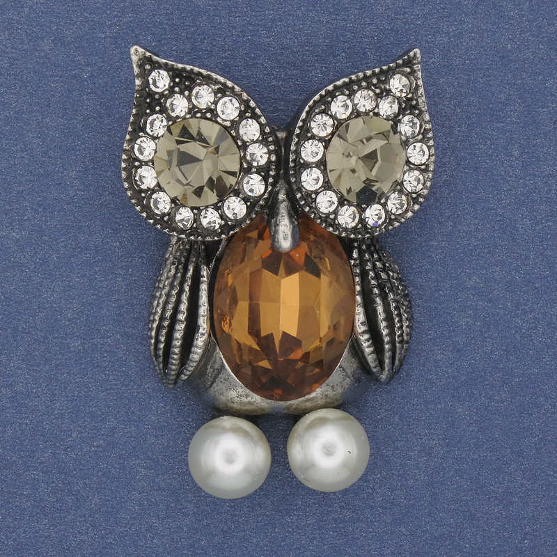 Brooch Owl with Yellow Crystal and White Rhinestones, Silver Metal, diameter 42x29mm