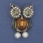Brooch Owl with Yellow Crystal and White Rhinestones, Silver Metal, diameter 42x29mm