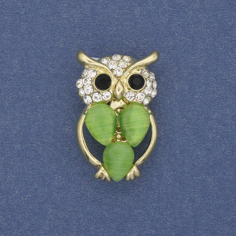Brooch Owl Cat's Eye with white crystals golden metal, diameter 15mm+-, length 25mm+-