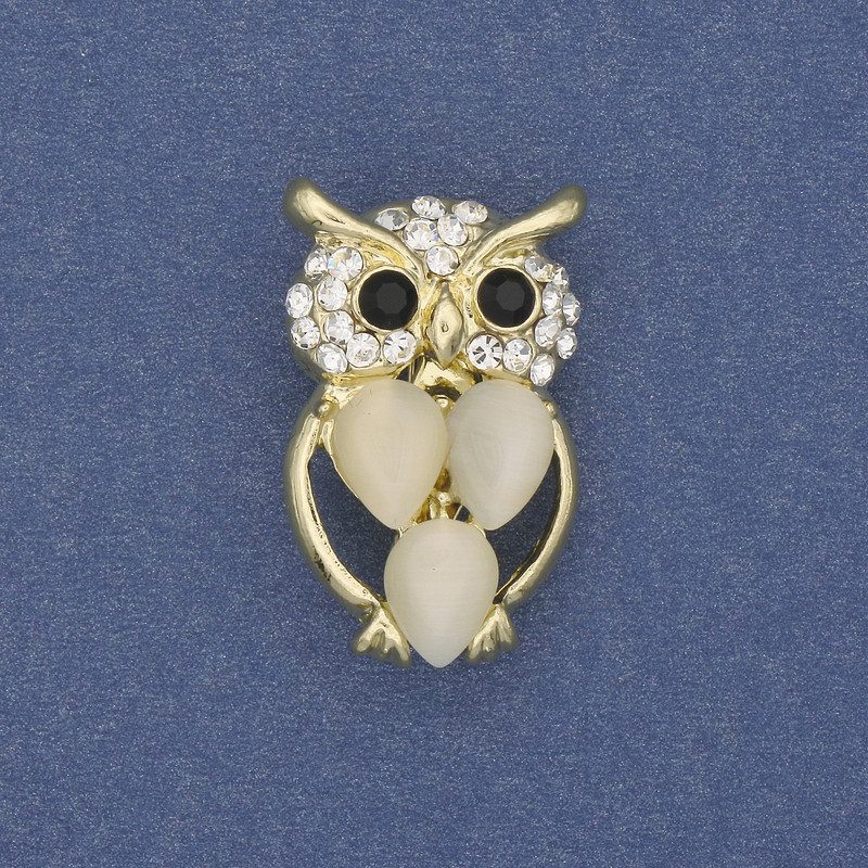 Brooch Owl Cat's Eye with White Crystals Golden Metal, diameter 15mm+, length 25mm+
