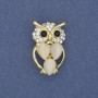Brooch Owl Cat's Eye with White Crystals Golden Metal, diameter 15mm+, length 25mm+