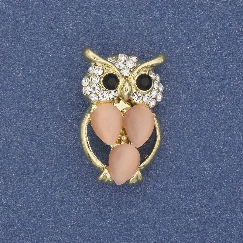 Brooch Owl with Cat's Eye Stone and White Crystals, gold-toned metal, diameter 15mm±, length 25mm±
