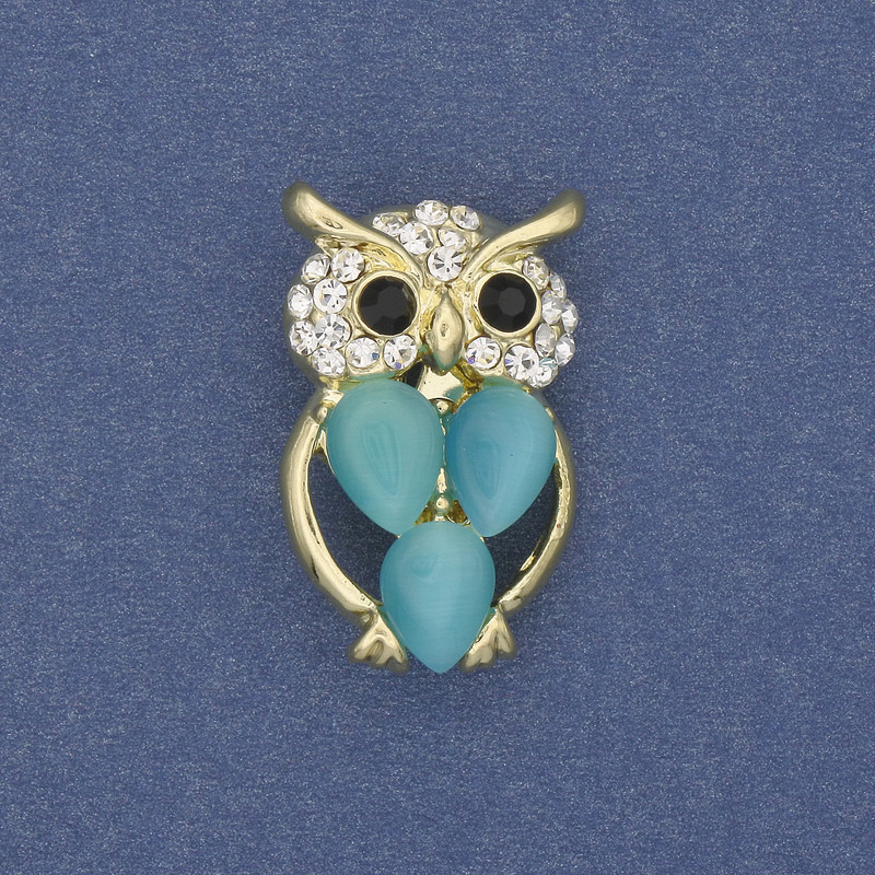 Brooch Owl Cat's Eye with White Crystals on Gold-Tone Metal, diameter 15mm+-, length 25mm+-