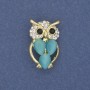 Brooch Owl Cat's Eye with White Crystals on Gold-Tone Metal, diameter 15mm+-, length 25mm+-