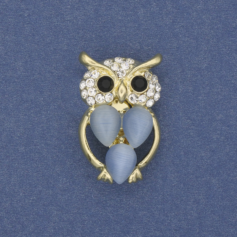Brooch Owl blue Cat's Eye with white crystals gold-toned metal, diameter 15mm+-, length 25mm+-