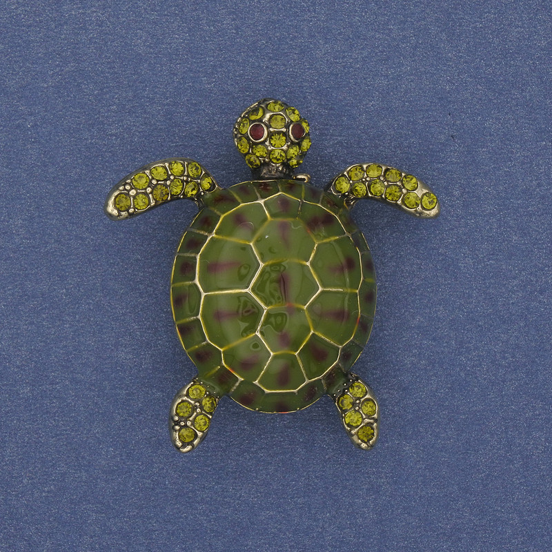 Brooch Turtle green enamel crystals golden metal 35x32mm+