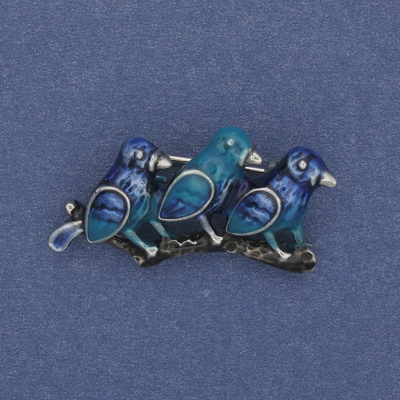 Brooch Birds on a Branch Blue Enamel Silver Metal 35x19mm+