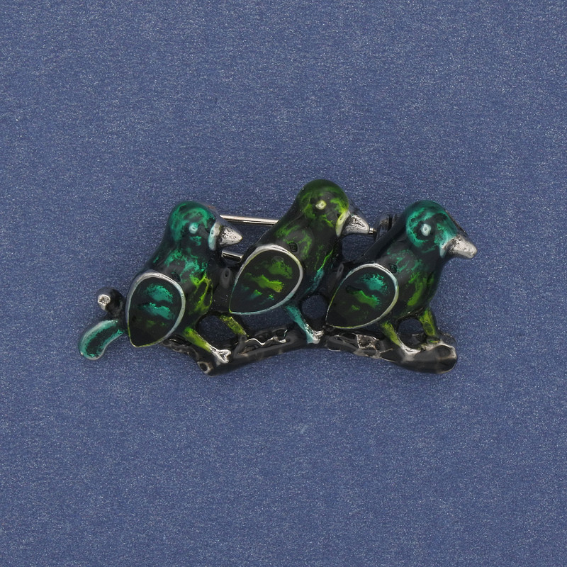 Brooch Birds on a Branch Green Enamel Silver Metal 35×19mm+