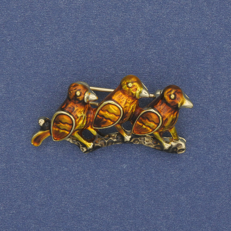 Brooch Birds on a Branch with Enamel Gold-Tone Metal 35x19mm+