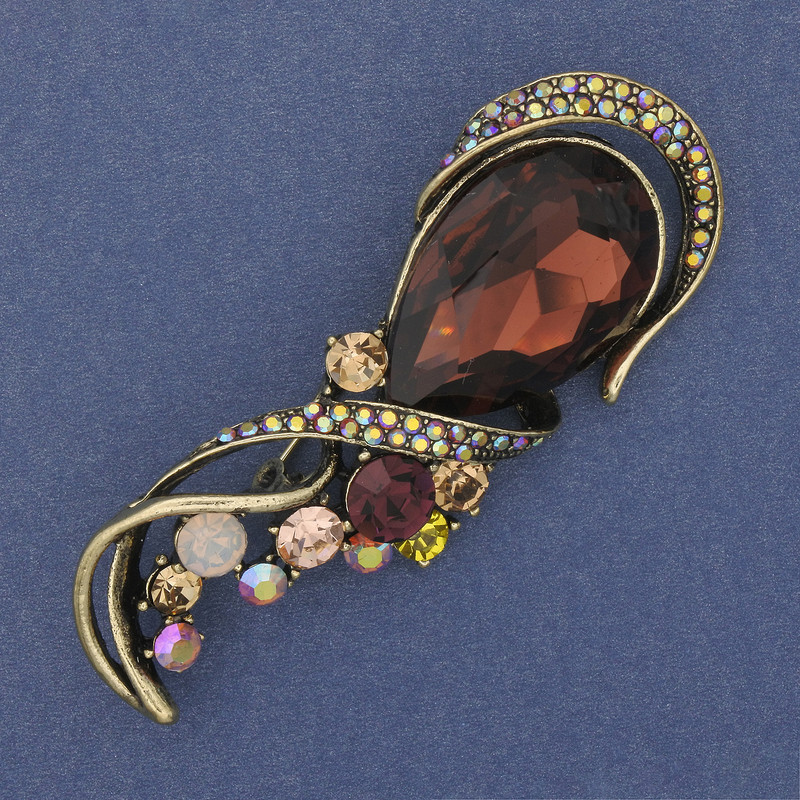 Brooch Accent brown crystal colorful rhinestones golden metal 72x30mm+