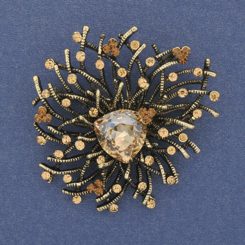 Brooch pendant Accent with Yellow Crystal and Yellow Stones on Golden Metal 47x42mm+